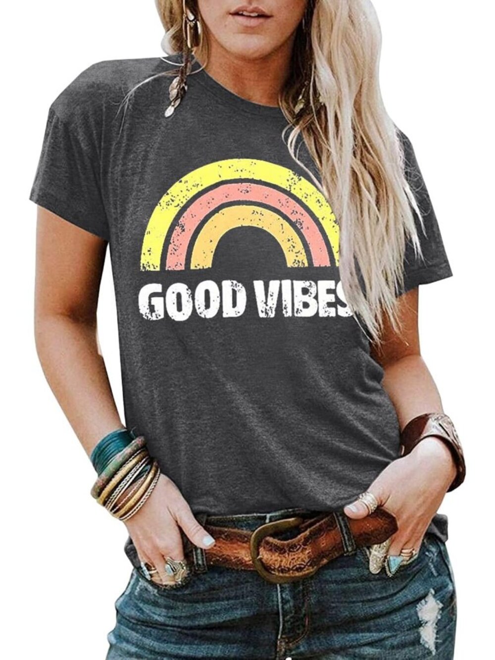 Women Dark Grey y funny Letter Print Crew Neck Casual Short Sleeve Loose T Shirt